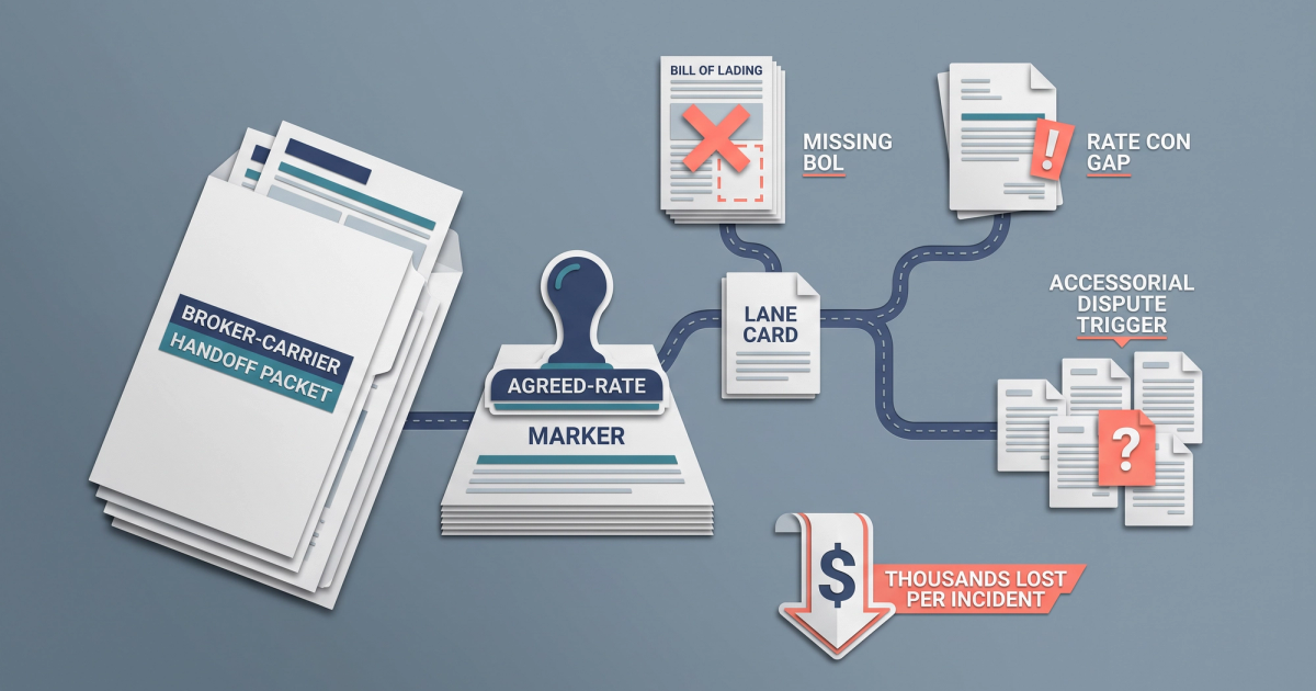 Freight logistics illustration showing document workflow from BOL to invoice reconciliation