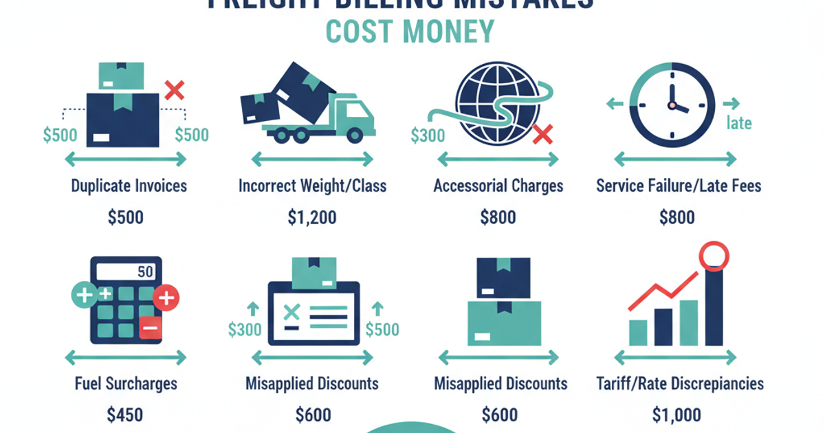 Freight logistics illustration showing invoices, trucks, and billing documents for broker operations