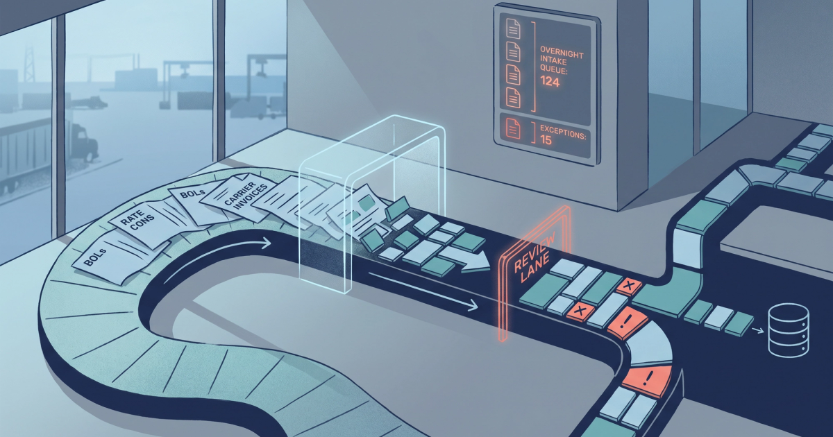 Freight logistics illustration showing documents flowing from BOLs and rate cons into a digital extraction workflow