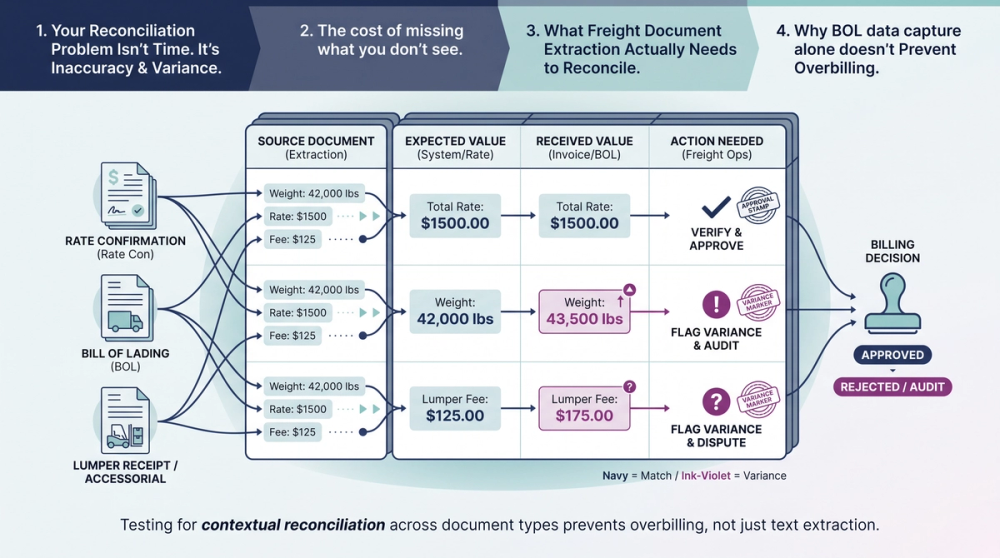 Diagram comparing rule-based OCR versus AI-based document extraction for freight documents including handwritten BOLs and lumper receipts
