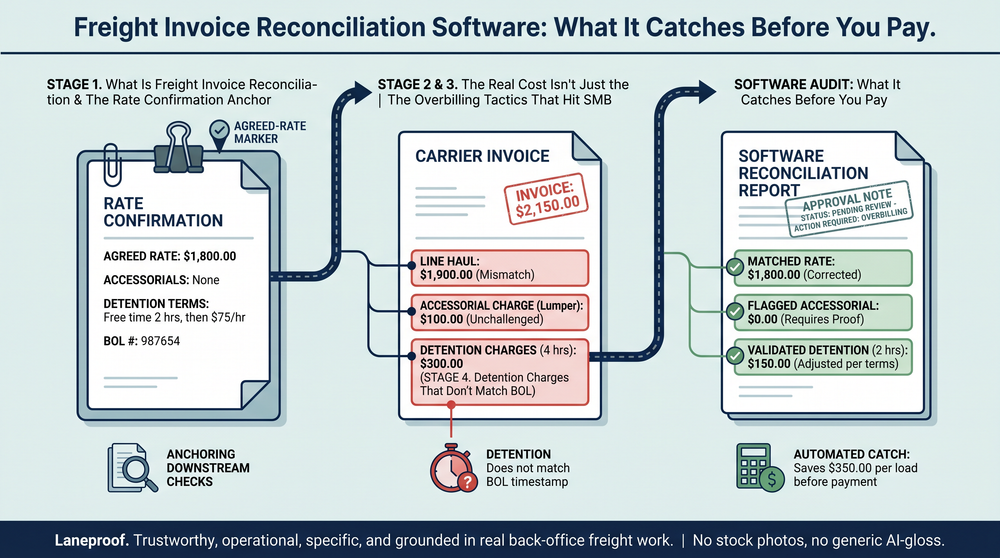 Diagram showing how reconciliation software matches carrier invoices against rate confirmations, BOLs, and PODs simultaneously