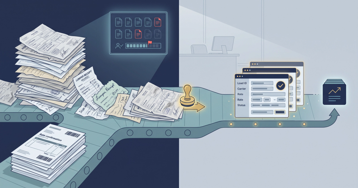 Freight broker back office desk with stacked rate confirmations, BOLs and lumper receipts being scanned into a TMS