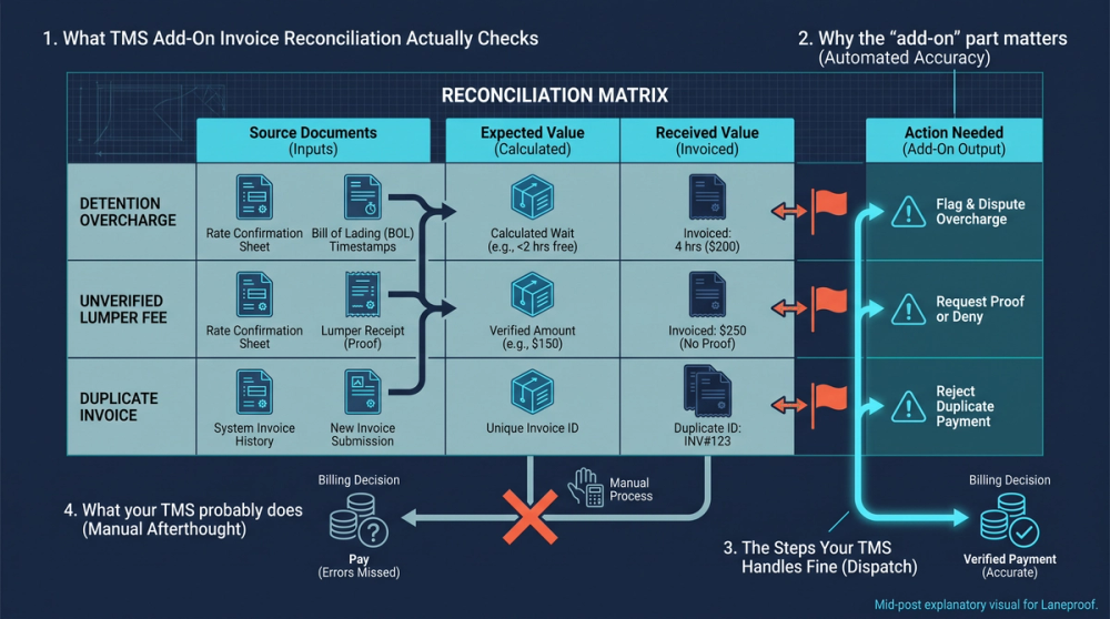 Diagram showing native TMS reconciliation steps versus add-on reconciliation steps with gap indicators