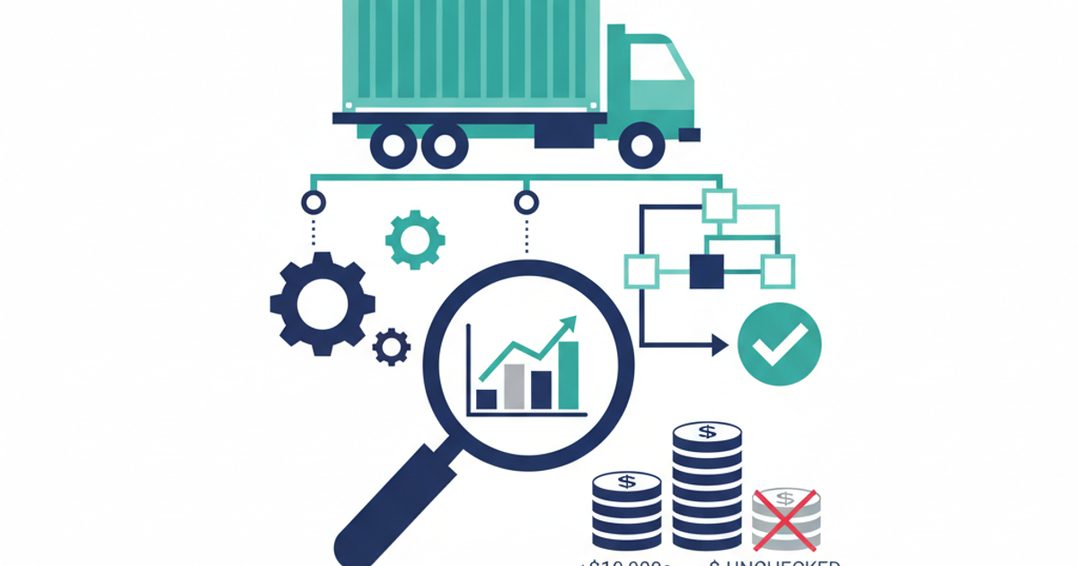 Freight logistics illustration showing invoice documents, carrier trucks, and financial data points representing the freight audit process