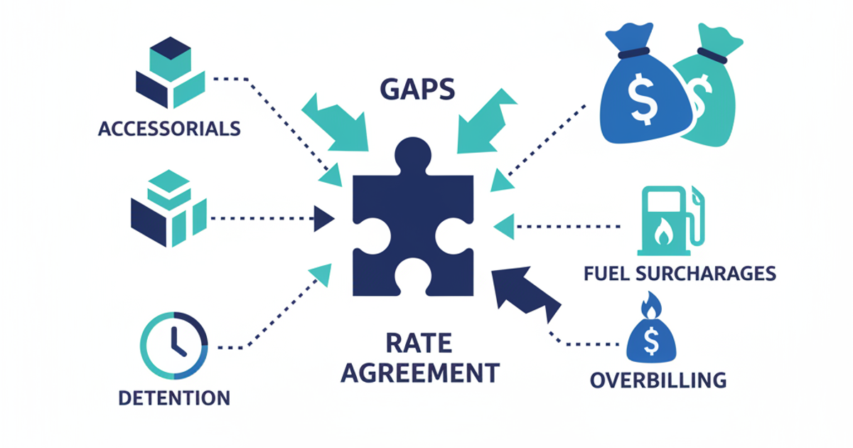 Freight rate agreement document with highlighted billing discrepancies between carrier invoice and rate confirmation
