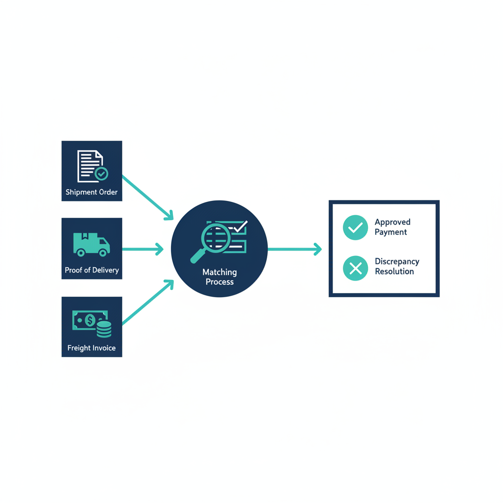 Diagram showing three-way invoice matching flow between rate con, bill of lading, and carrier invoice in freight operations