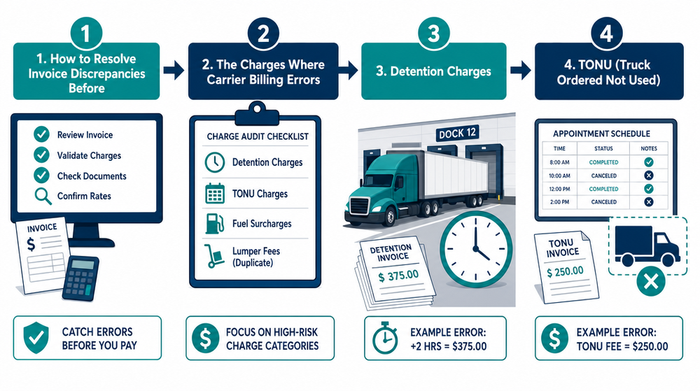 Step-by-step carrier invoice audit workflow diagram showing charge verification checkpoints