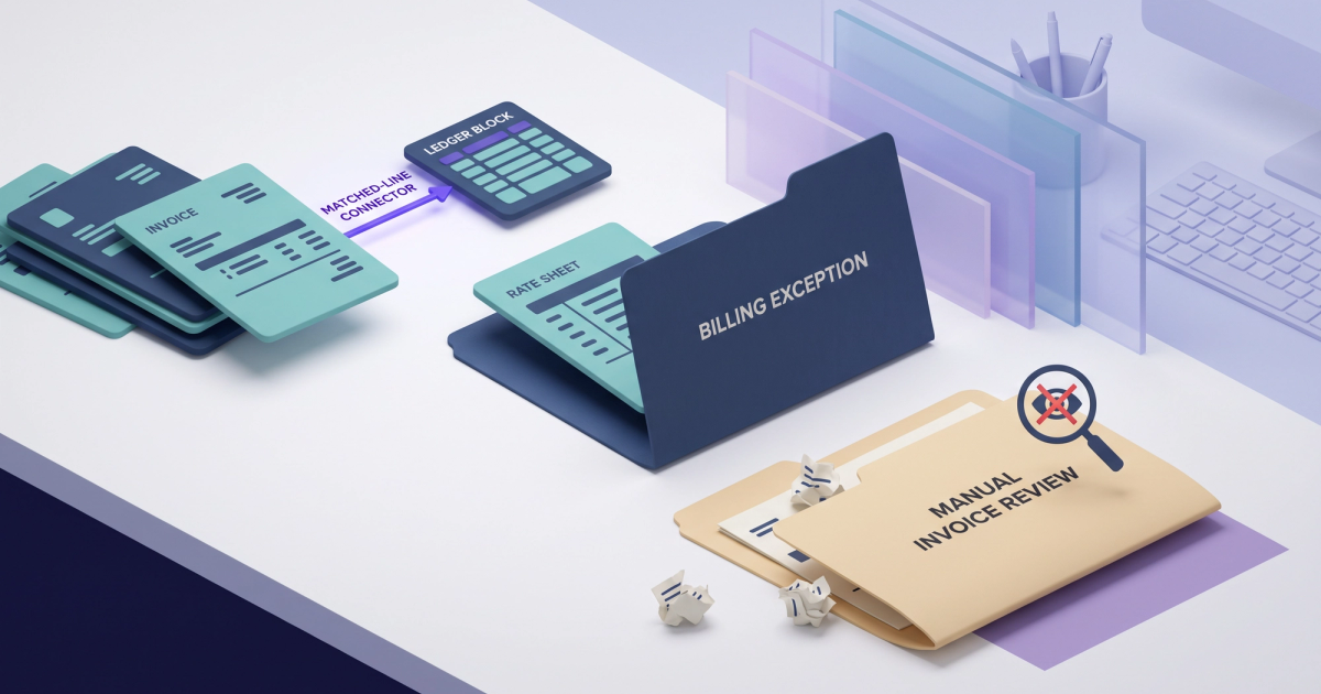 Freight logistics illustration showing carrier invoice matching against rate confirmation documents