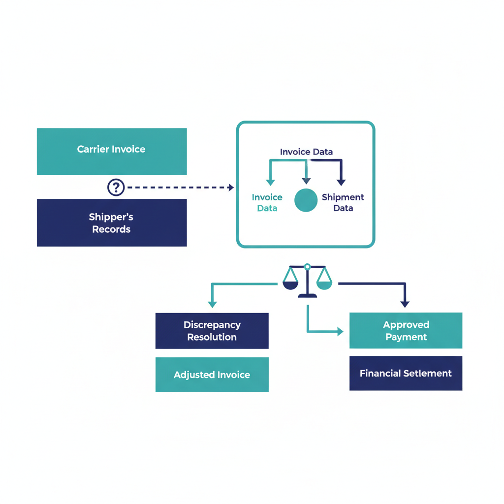 Step-by-step freight billing reconciliation workflow diagram from invoice receipt to dispute resolution