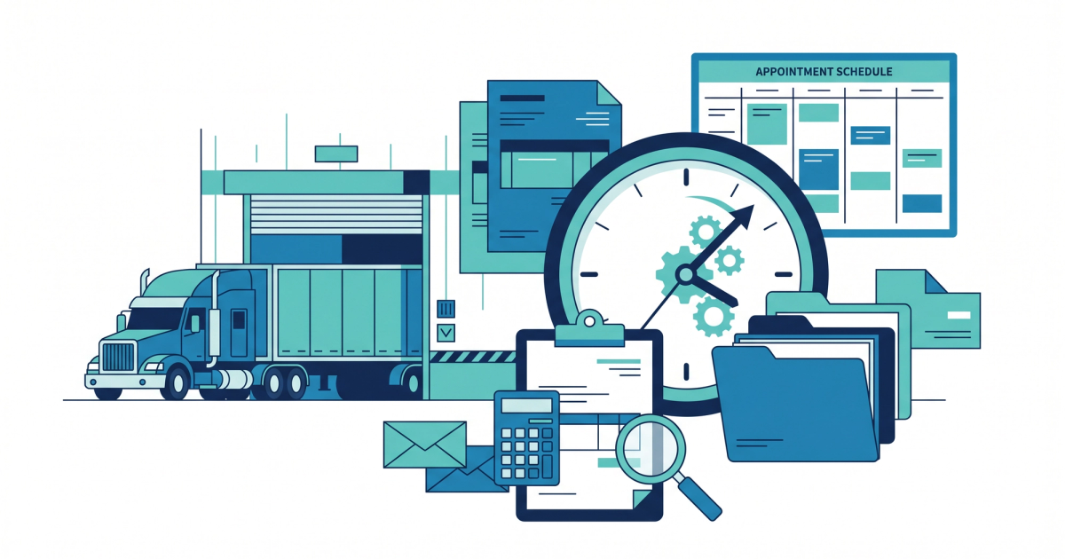 Freight logistics illustration showing back office billing workflow for a freight brokerage