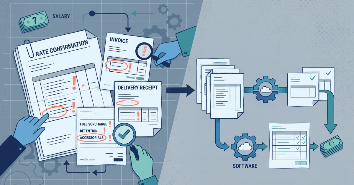 Freight logistics illustration showing invoice documents, carrier trucks, and dollar signs representing freight auditor salary comparison