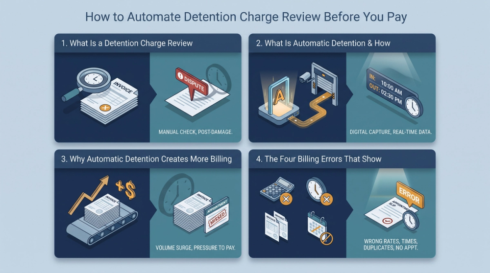 Diagram showing automated detention charge review workflow from rate con to payment approval