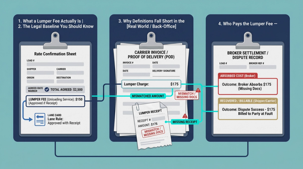 Flowchart showing lumper fee payment and reimbursement process between carrier, broker, and shipper