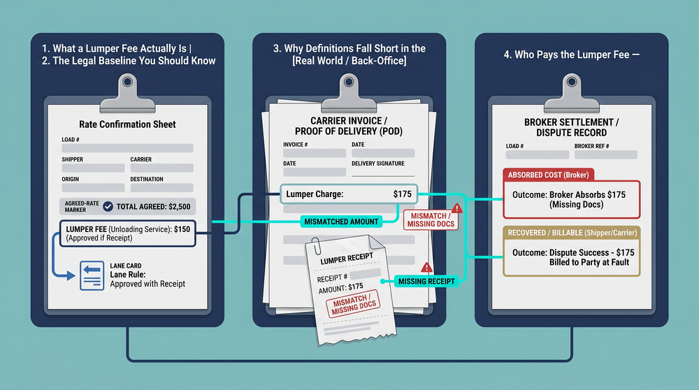 Flowchart showing lumper fee payment and reimbursement process between carrier, broker, and shipper