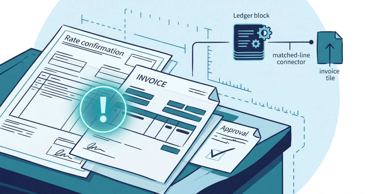 Freight billing operations workflow illustration showing invoices, rate confirmations, and reconciliation steps