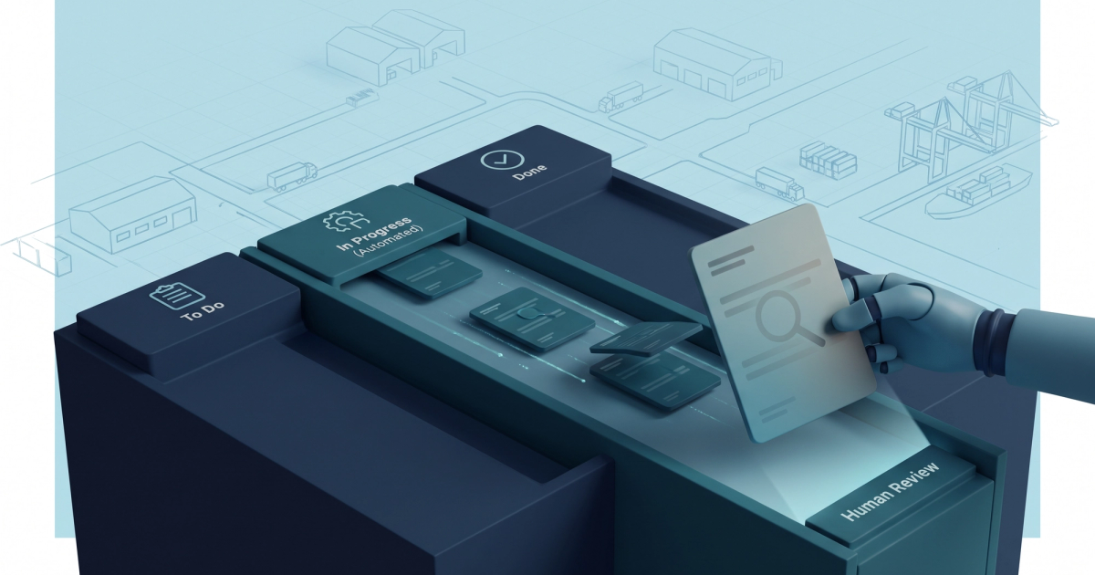 Freight logistics illustration showing automated document flow between carrier invoices and broker TMS