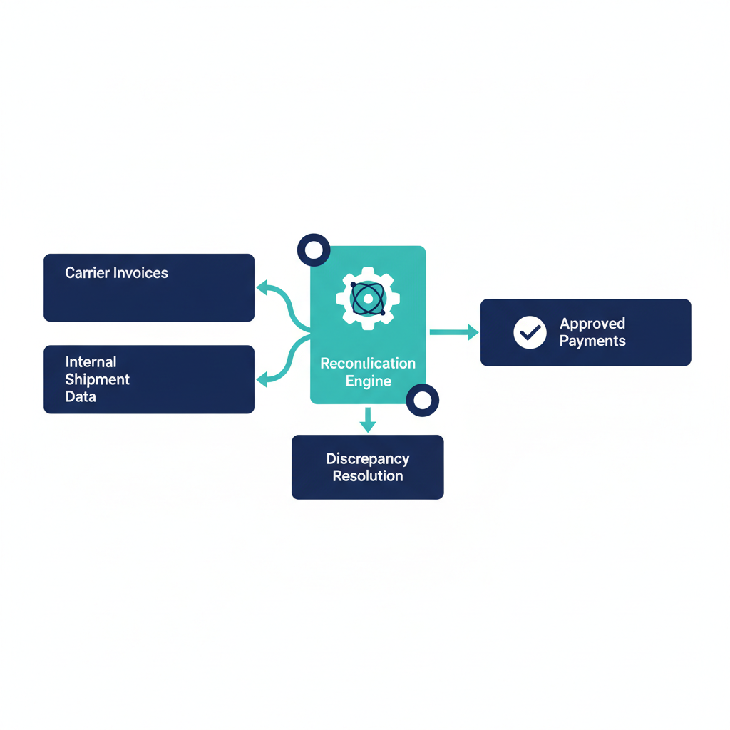 Step-by-step freight invoice reconciliation process diagram showing rate con, BOL, and POD matching workflow