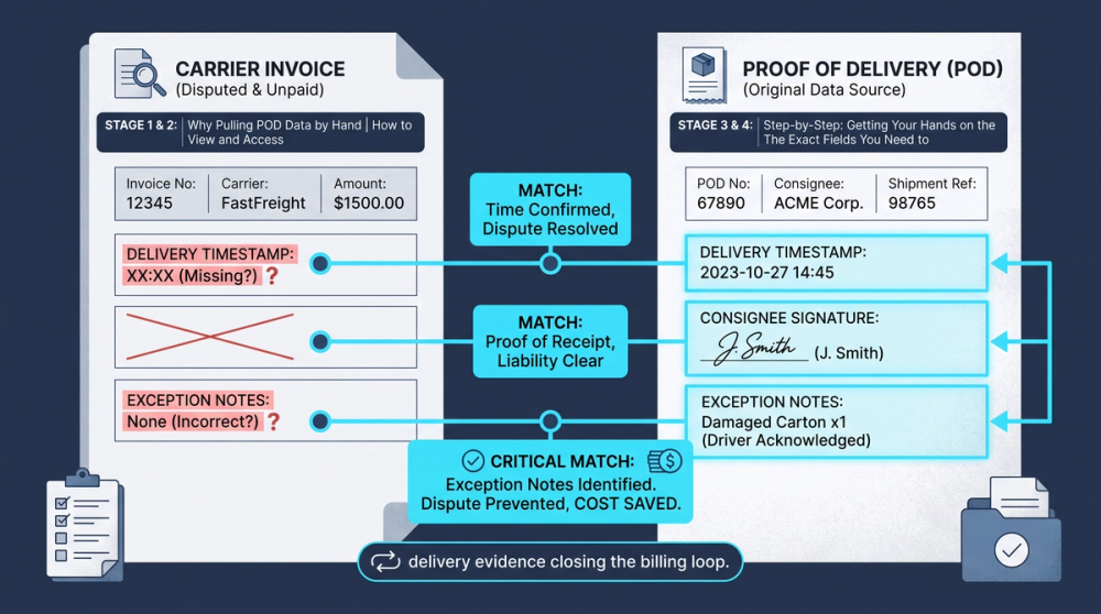 Diagram showing POD data extraction fields connecting to invoice reconciliation and dispute resolution