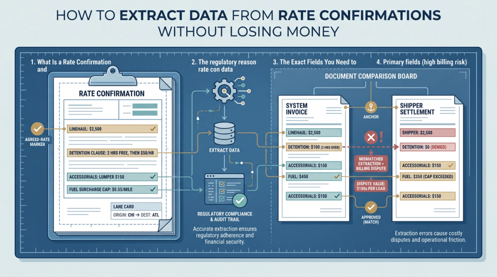 Process diagram showing rate confirmation data extraction workflow from document intake to TMS validation