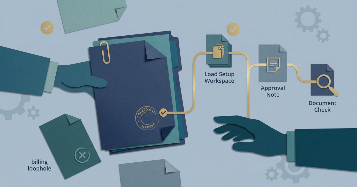 Freight logistics illustration showing a rate confirmation document next to a truck and shipping containers