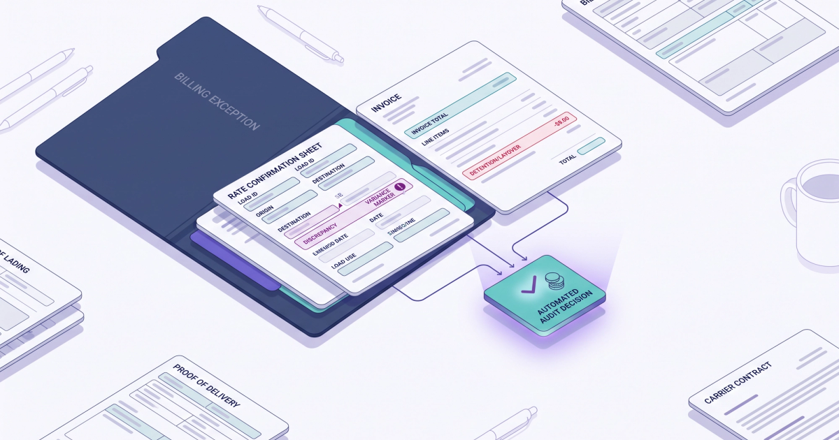 Freight logistics illustration showing automated audit workflow from carrier invoice to payment approval