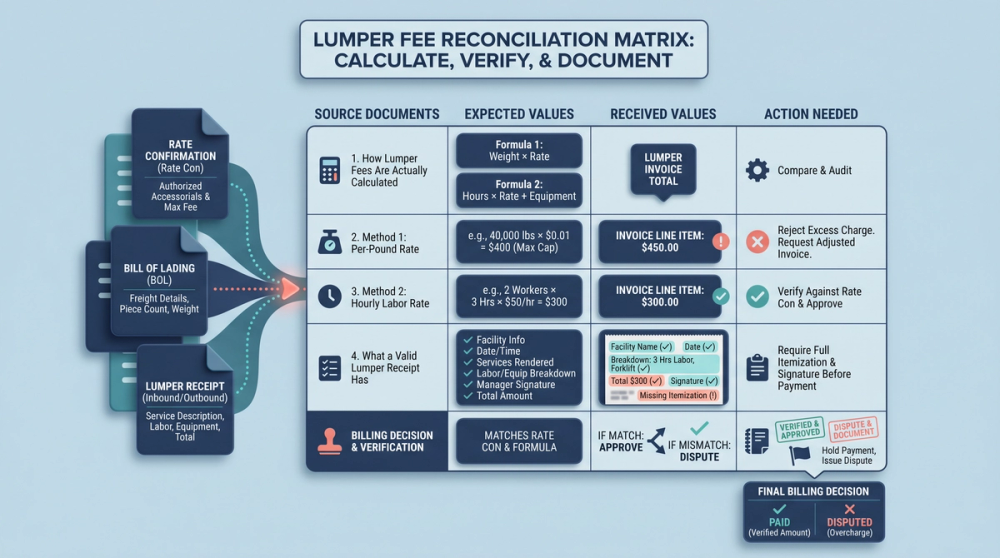 Diagram showing lumper fee calculation workflow from receipt verification to reimbursement
