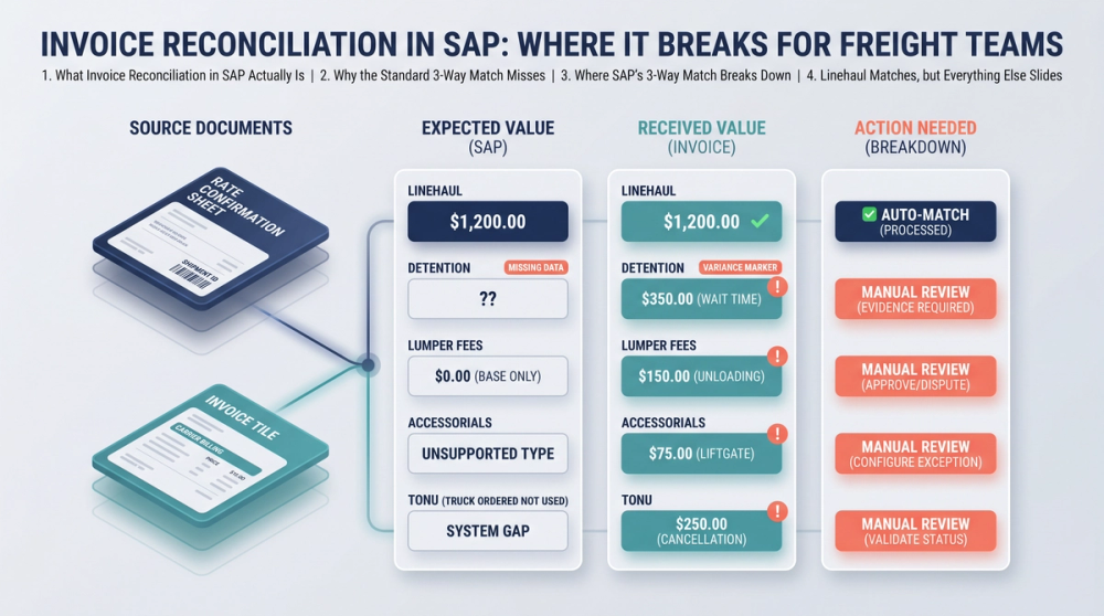 Diagram showing where SAP 3-way match fails on freight accessorials like detention and lumper fees