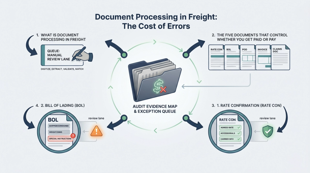 Diagram of a freight document processing workflow from load tender through invoice reconciliation