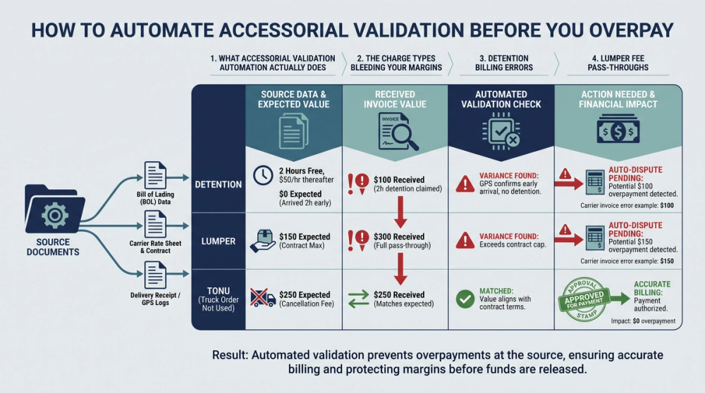 Diagram of 3-way match process for accessorial validation using rate con, BOL, and POD