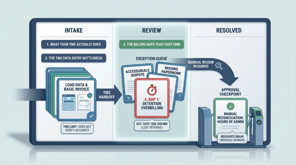 Process diagram comparing TMS capabilities versus manual invoice reconciliation tasks in freight operations