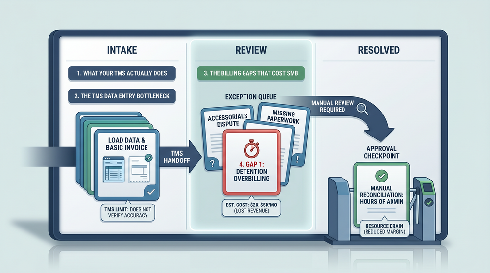 Process diagram comparing TMS capabilities versus manual invoice reconciliation tasks in freight operations
