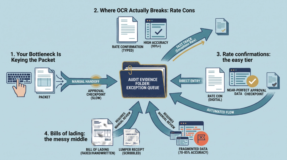 Diagram showing how automated document OCR routes rate cons, BOLs and lumper receipts into either straight-through processing or manual exception review