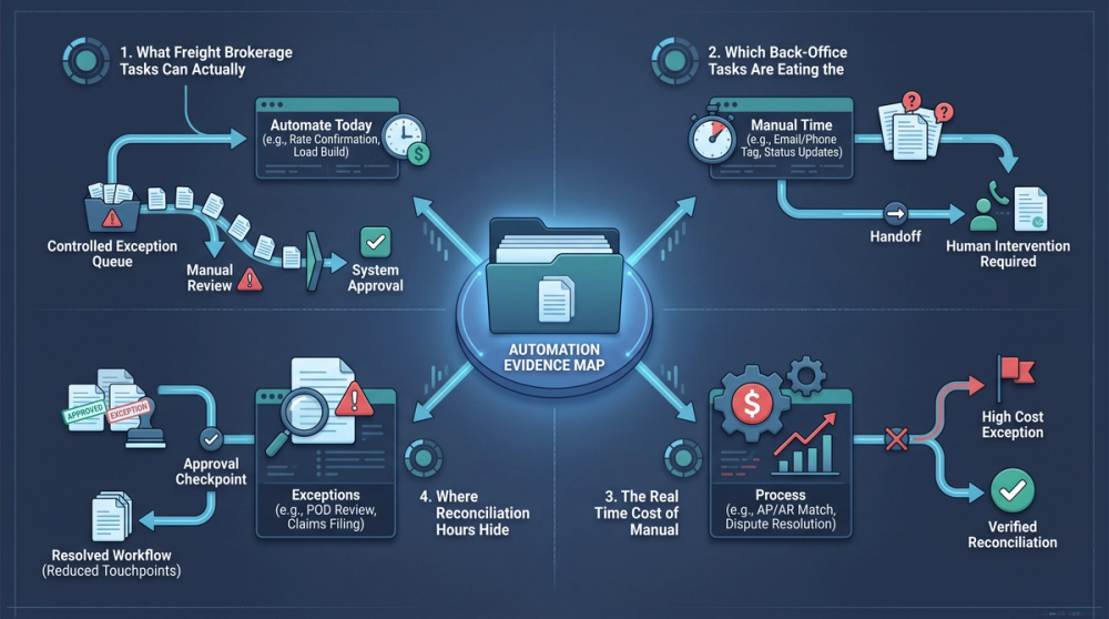 Process diagram showing freight broker back-office workflow with manual versus automated reconciliation steps