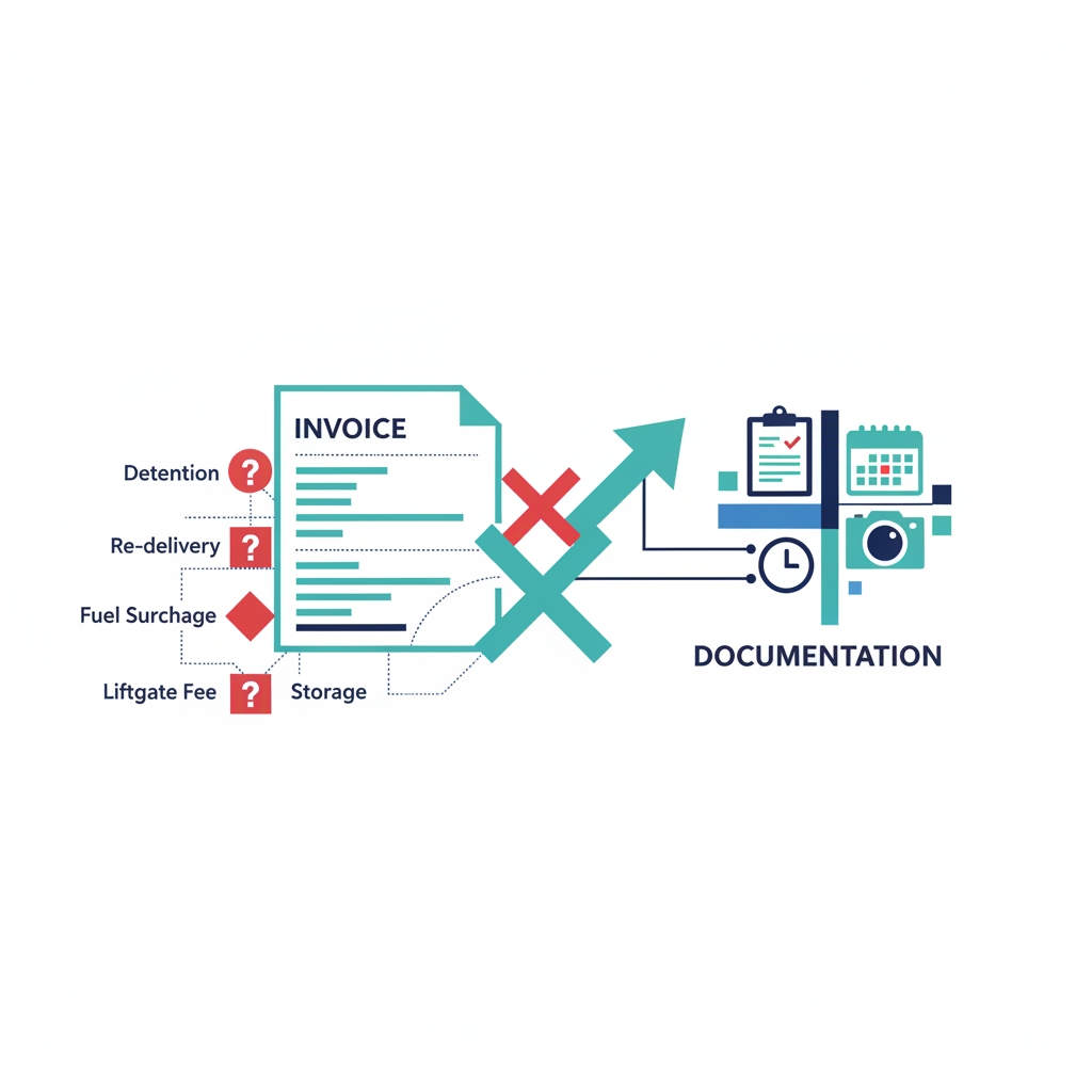 Freight logistics illustration showing accessorial charge dispute workflow for brokers