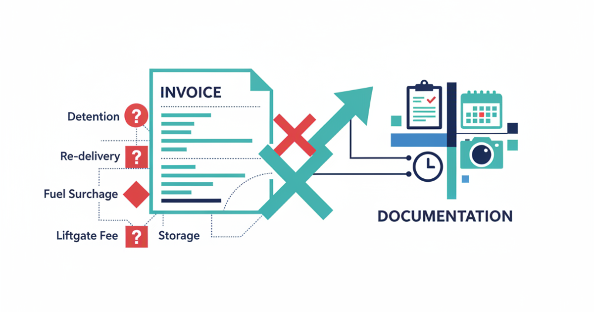 Freight logistics illustration showing accessorial charge dispute workflow for brokers
