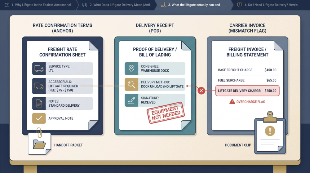 Diagram showing how a liftgate charge flows from BOL to rate confirmation to freight invoice