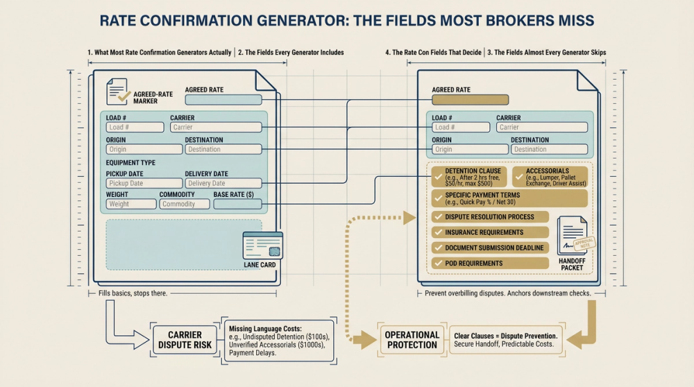 Diagram showing the critical fields in a rate confirmation that protect brokers from carrier billing disputes