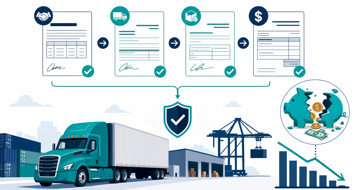 Freight billing dispute documents including rate confirmation, BOL, POD, and carrier invoice laid out for review