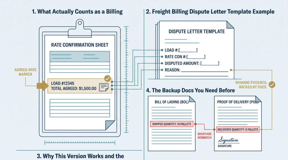 Diagram showing the freight billing dispute workflow from invoice receipt through 30, 60, and 90-day escalation