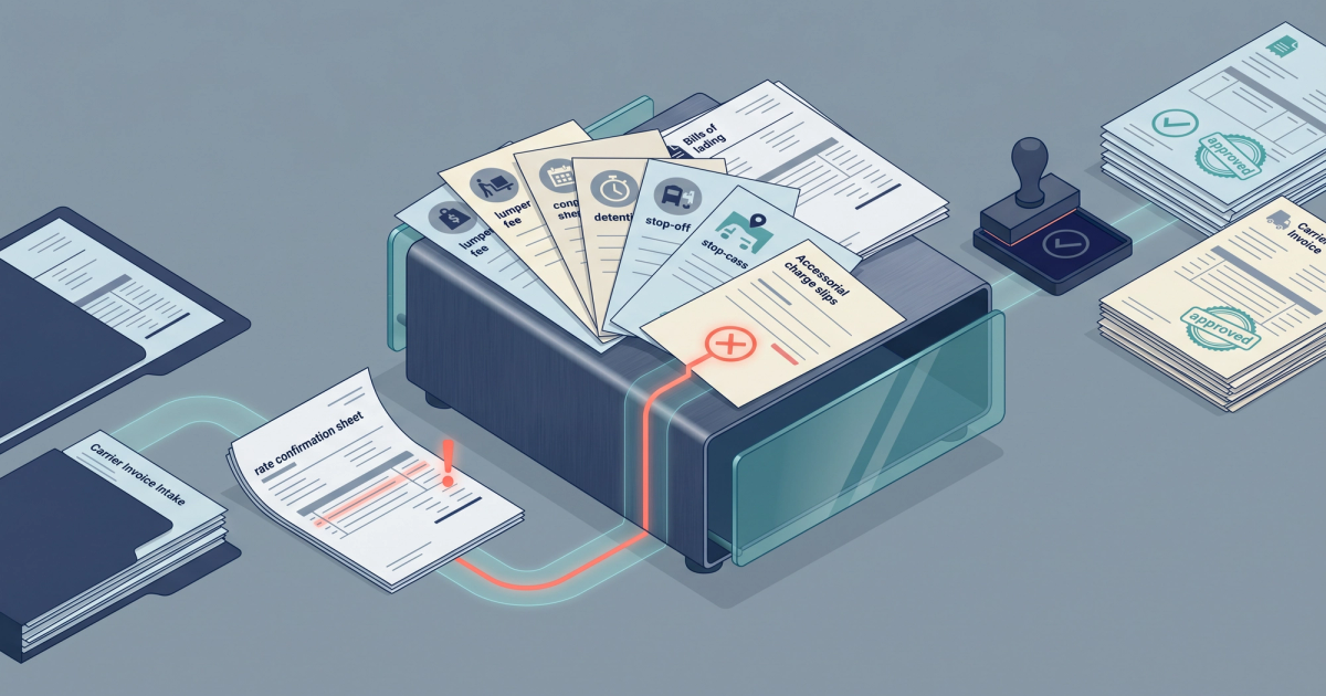 Freight brokerage office with billing coordinator reviewing carrier invoices against rate confirmations