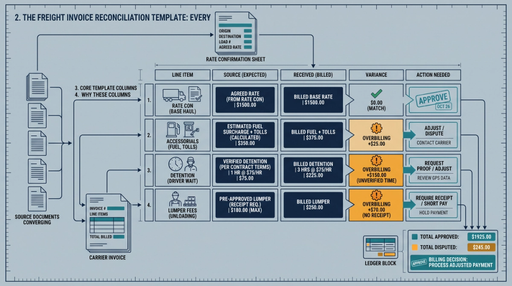 Diagram showing 3-way matching process between rate confirmation, carrier invoice, and BOL/POD for freight reconciliation