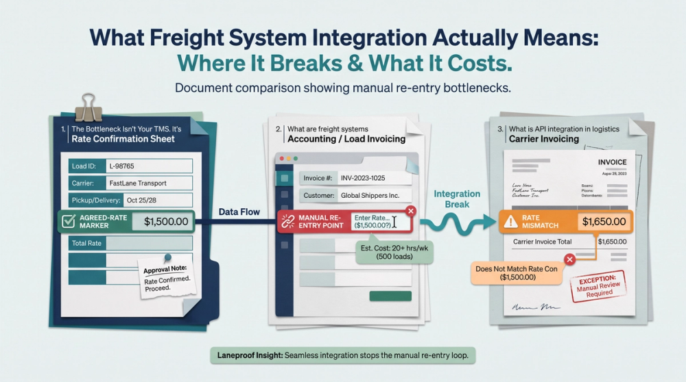 Diagram showing the three handoff points where freight system integration typically breaks