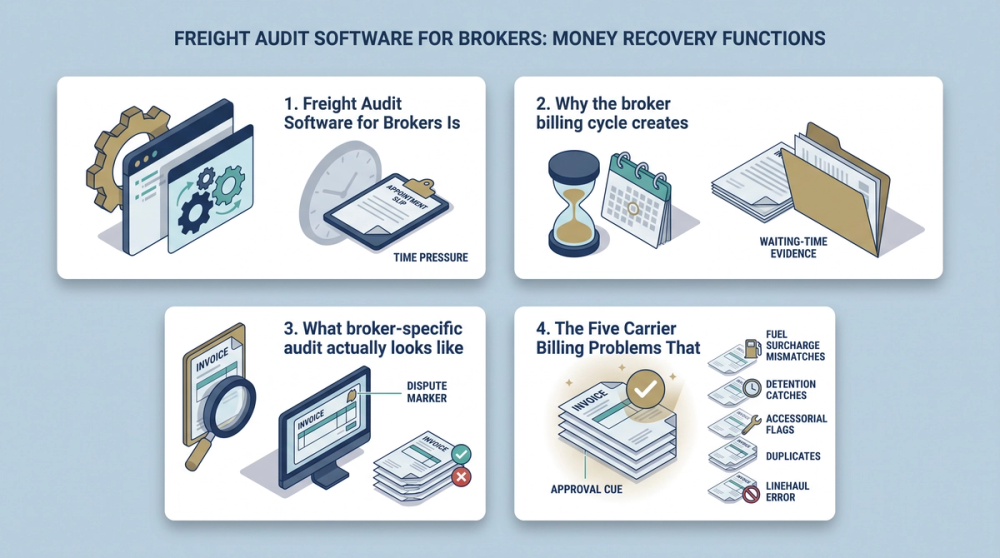 Diagram showing five carrier billing problems that erode broker margins including detention, FSC mismatches, accessorials, duplicates, and TONU disputes