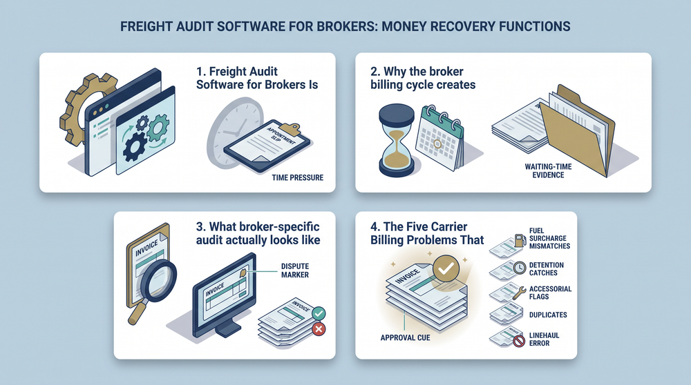 Diagram showing five carrier billing problems that erode broker margins including detention, FSC mismatches, accessorials, duplicates, and TONU disputes