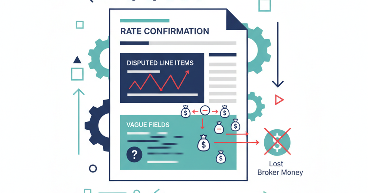 Freight logistics illustration showing rate confirmation document flow between broker and carrier
