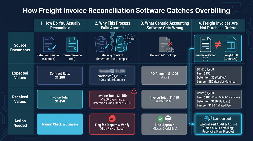 Diagram showing freight invoice reconciliation process from rate con matching to dispute resolution