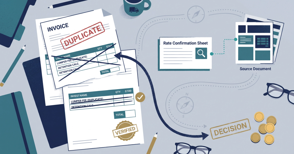 Freight broker reviewing carrier invoices and rate confirmations against BOL and POD documents