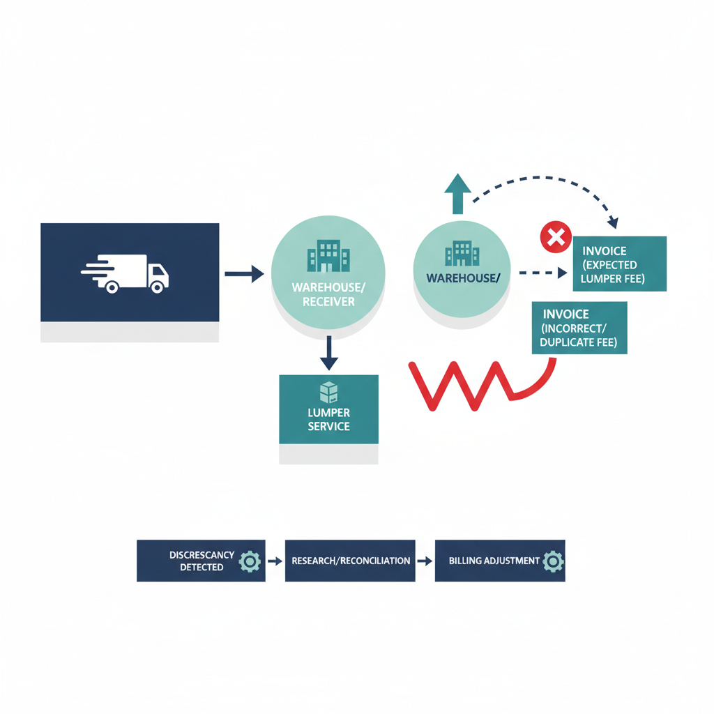 Diagram showing 6-step lumper receipt audit checklist matching BOL rate con and receipt data