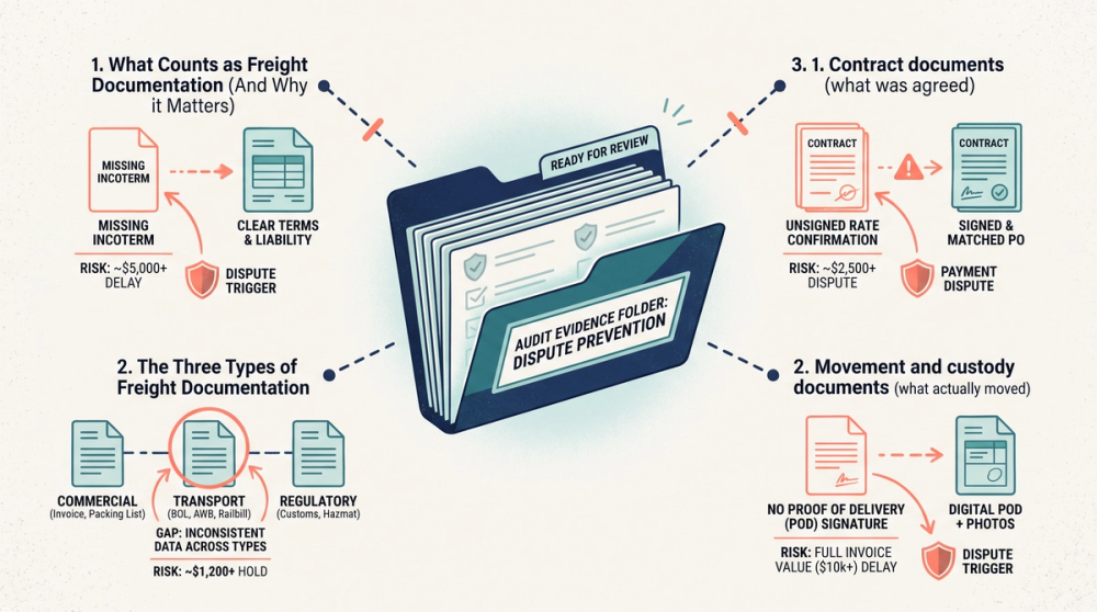 Diagram showing the flow of freight documentation from rate confirmation to BOL to POD to invoice with checkpoint fields marked