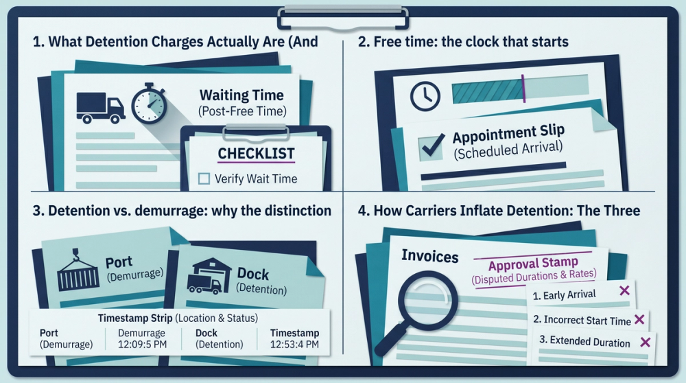 Step-by-step diagram showing how to audit a carrier detention invoice from arrival time to POD departure